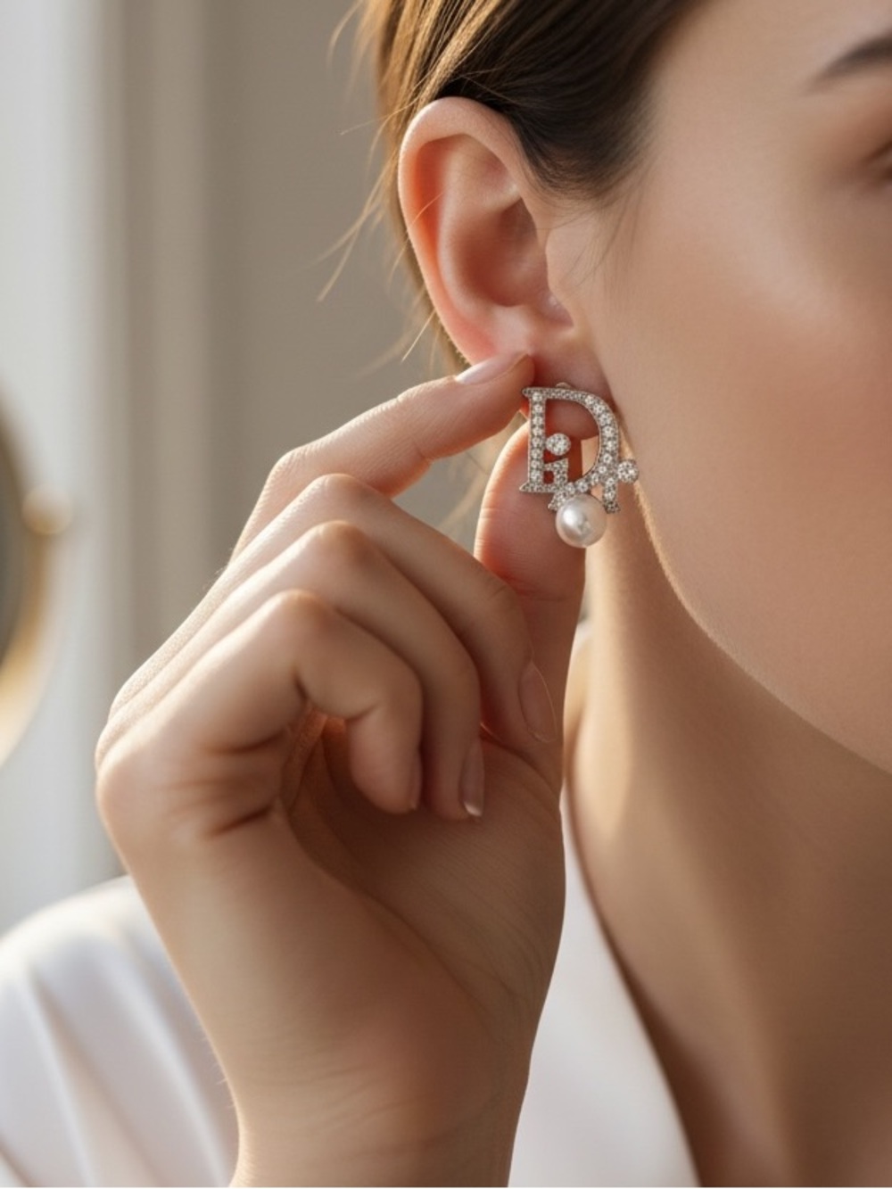 Di Or Faux pearl Crystal Drop Earring - Silver tone stainless steel new